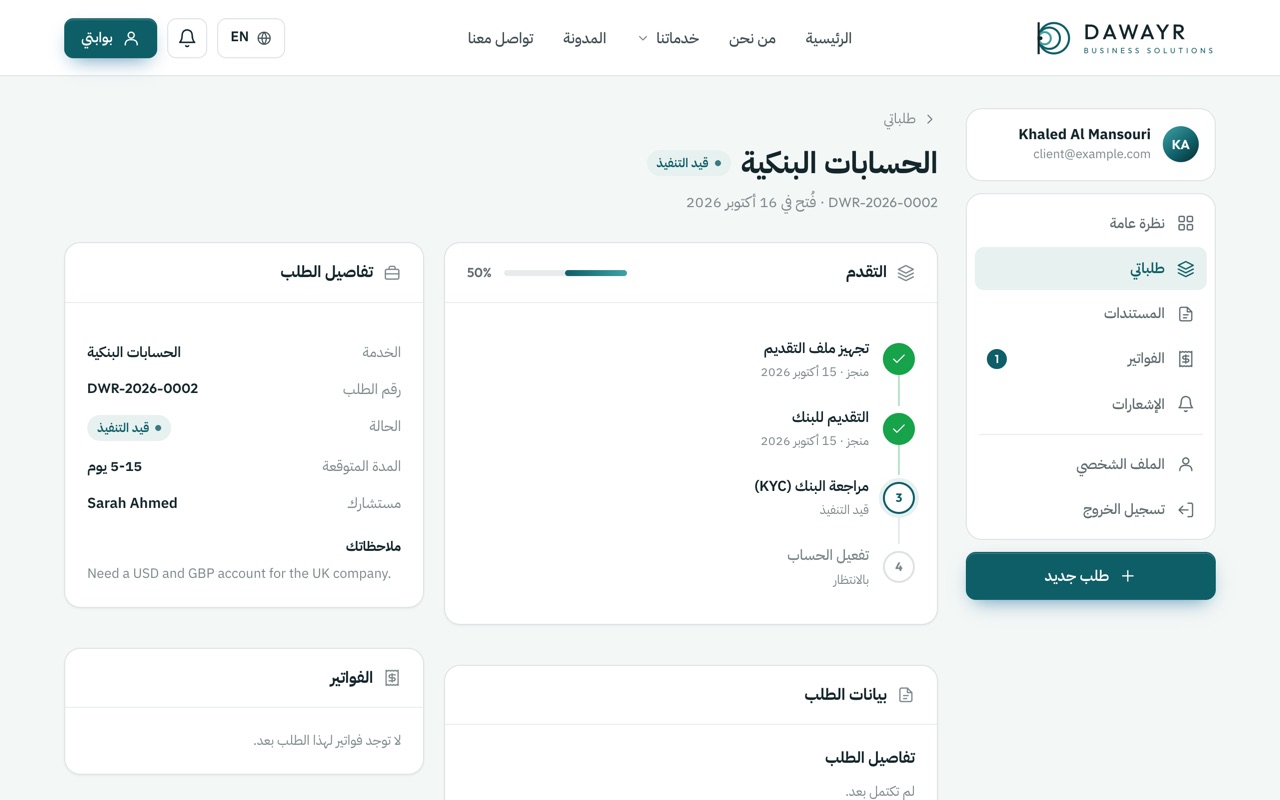 لقطة من بوابة العميل تعرض مراحل طلب حساب بنكي